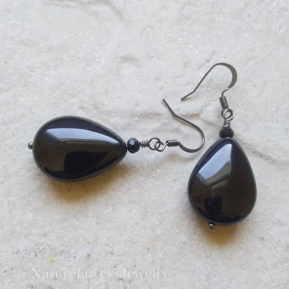 Heavy Black Agate Teardrop Statement Earrings Minimalist Grief Evening Wear Goth - Picture 3 of 9